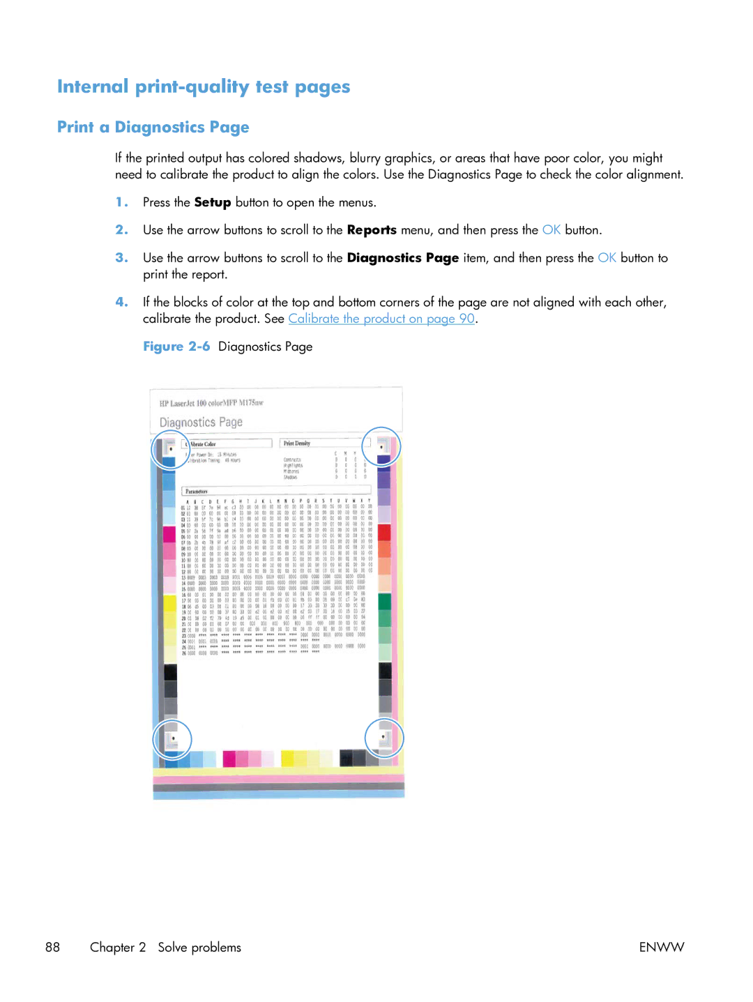 HP 100 CE866A manual Internal print-quality test pages, Print a Diagnostics 