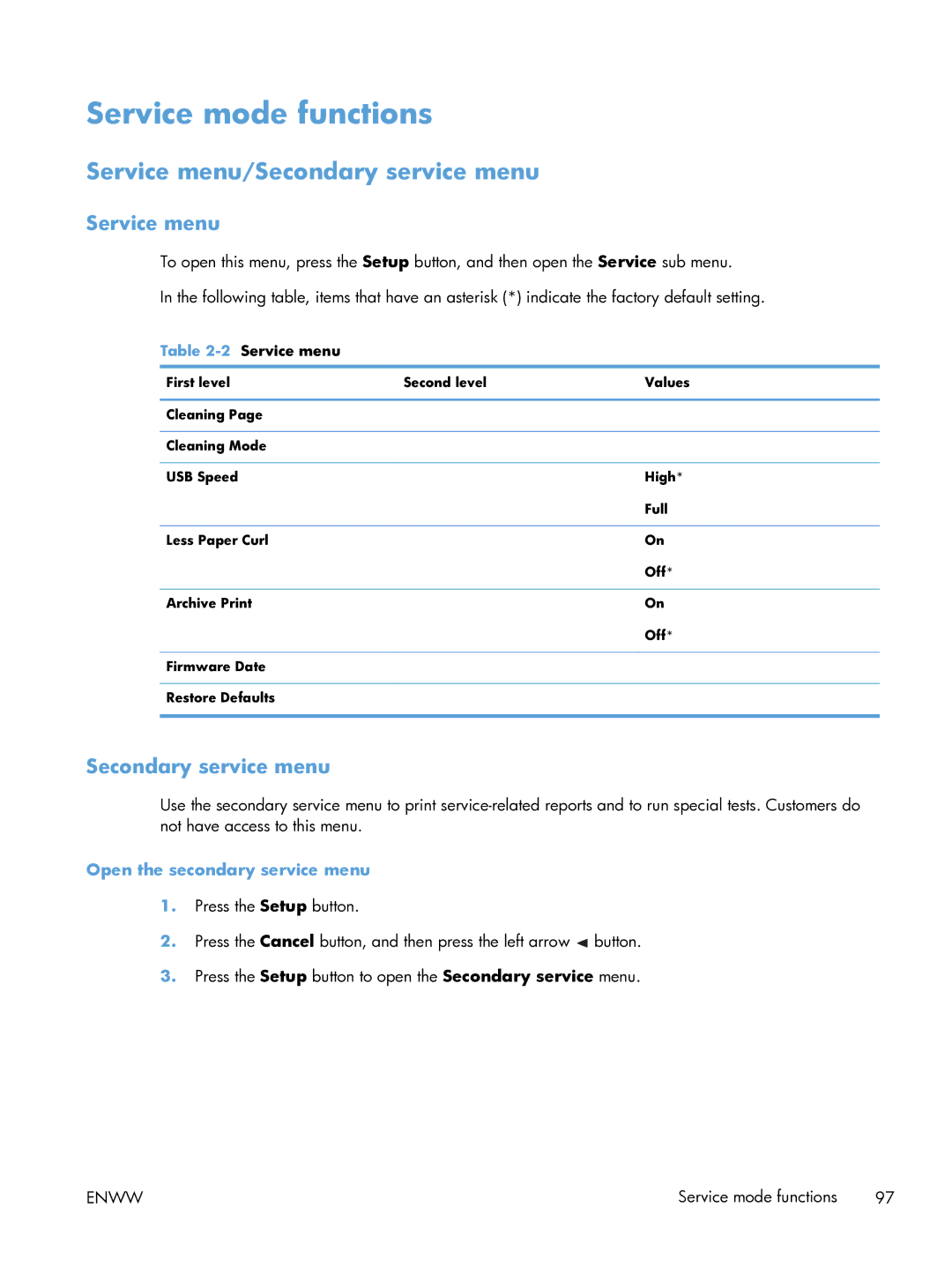 HP 100 CE866A manual Service mode functions, Service menu/Secondary service menu, Open the secondary service menu 