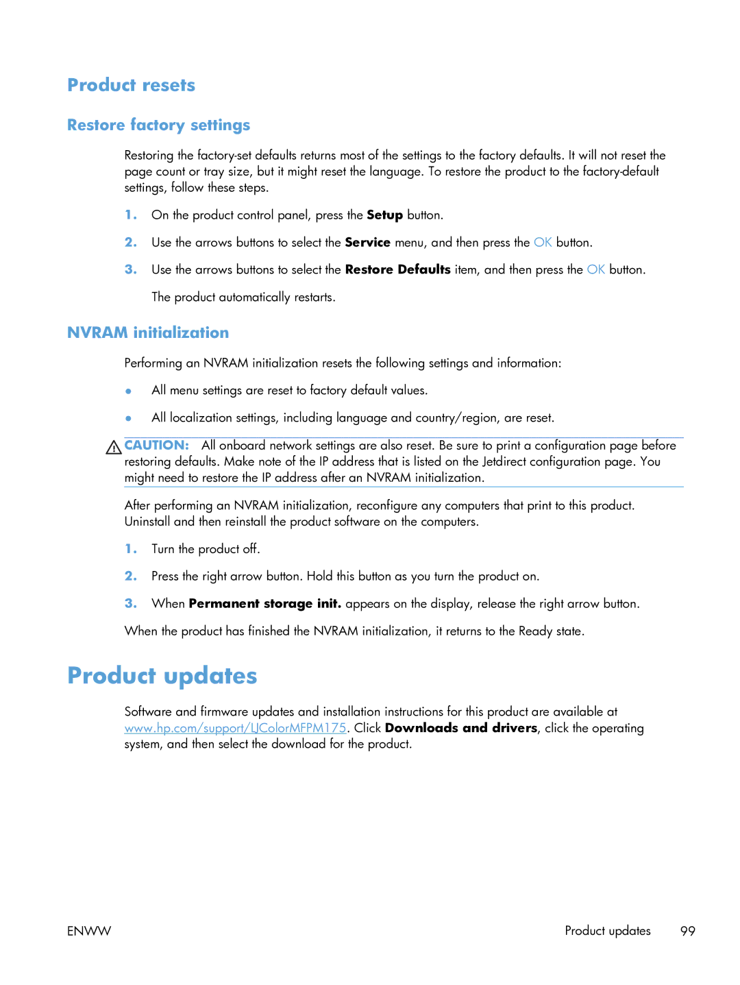 HP 100 CE866A manual Product updates, Product resets, Restore factory settings, Nvram initialization 