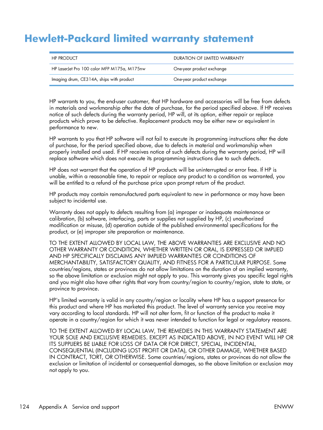 HP 100 CE866A manual Hewlett-Packard limited warranty statement, HP Product Duration of Limited Warranty 