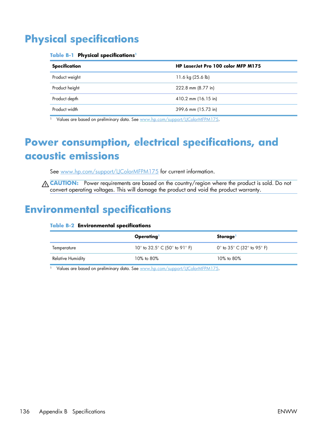 HP 100 CE866A manual Table B-1Physical specifications1, Table B-2Environmental specifications 