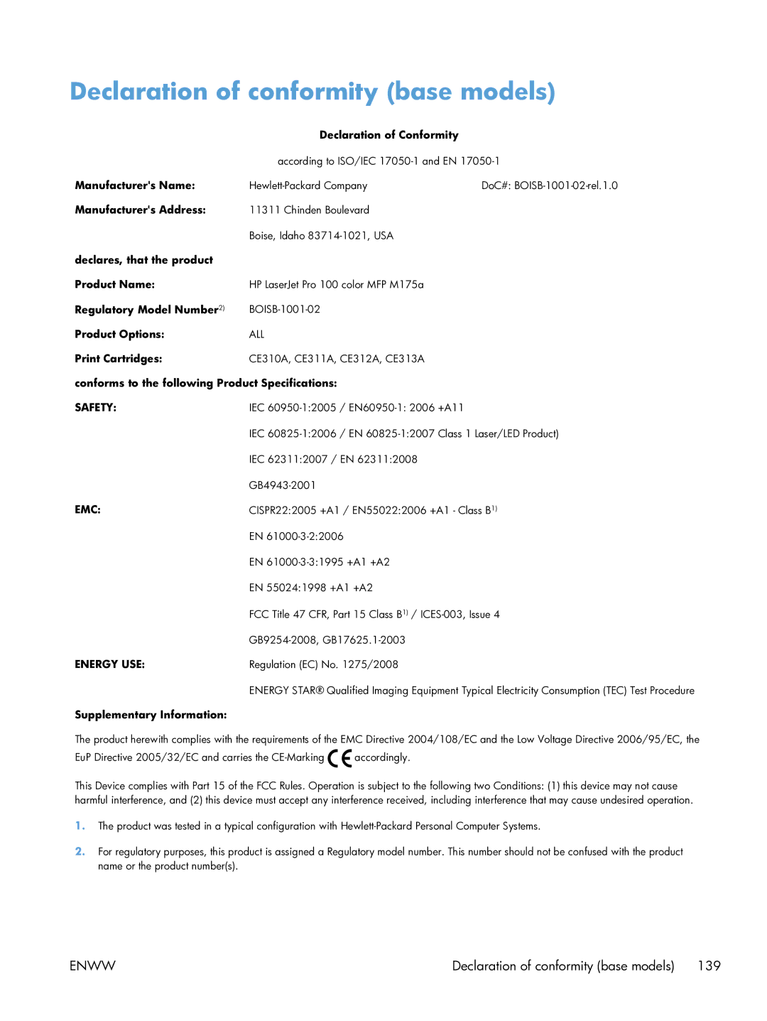 HP 100 CE866A manual Declaration of conformity base models, Safety 