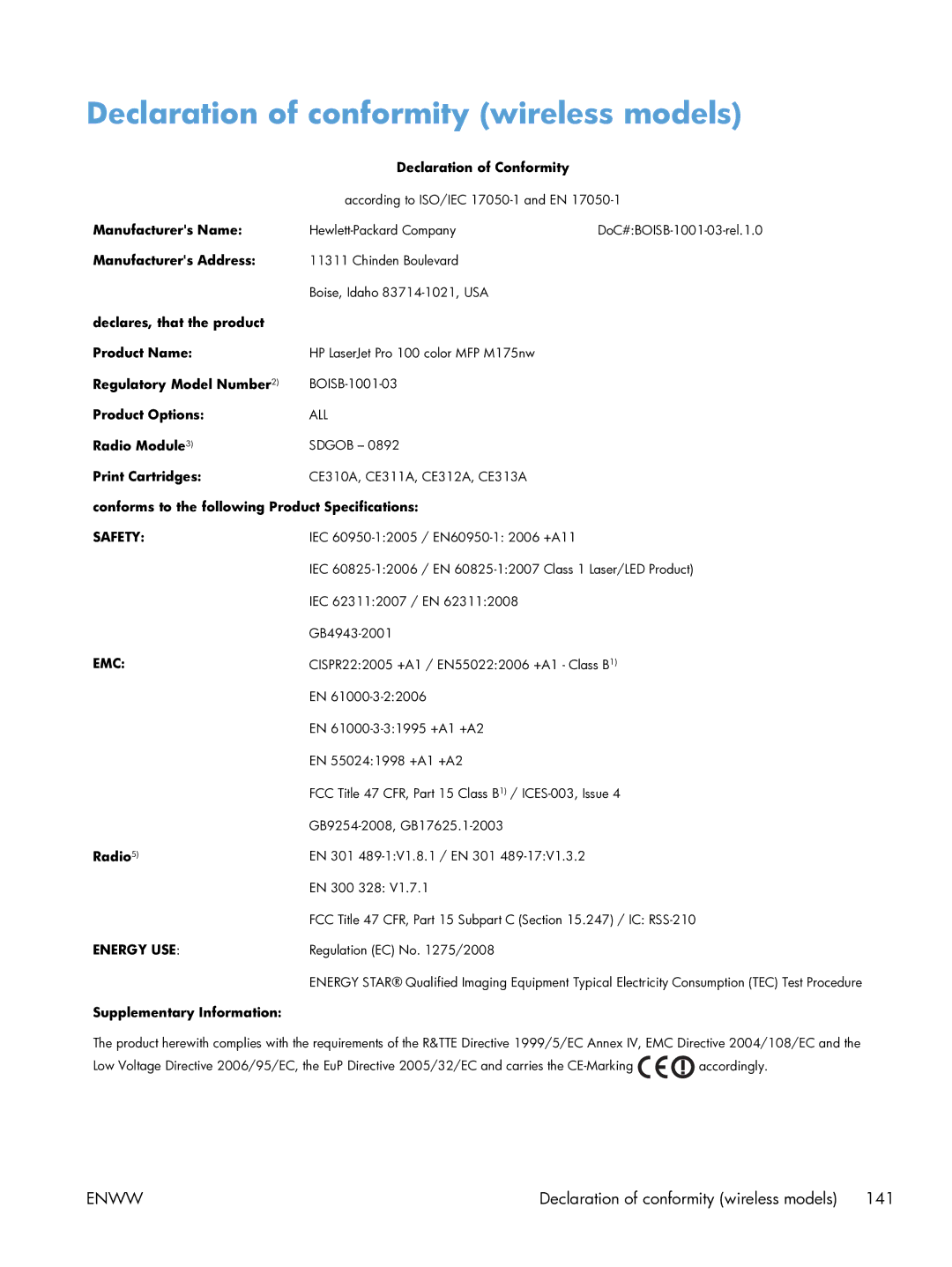 HP 100 CE866A manual Declaration of conformity wireless models, Radio 