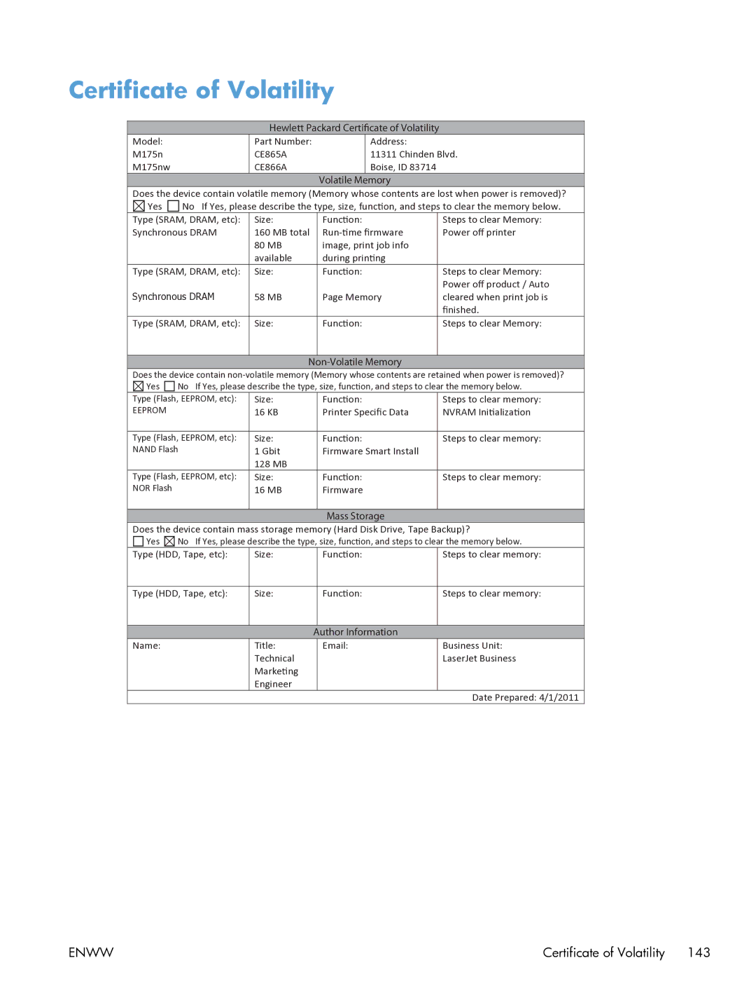 HP 100 CE866A manual Hewlett Packard Certificate of Volatility 