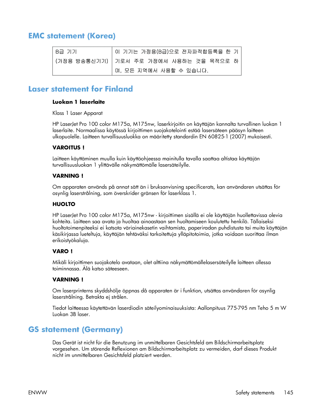 HP 100 CE866A manual EMC statement Korea Laser statement for Finland, GS statement Germany 