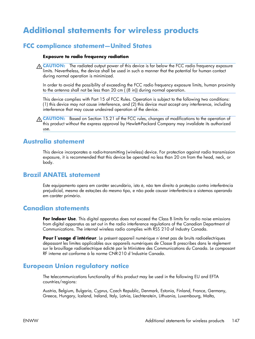 HP 100 CE866A manual Additional statements for wireless products 