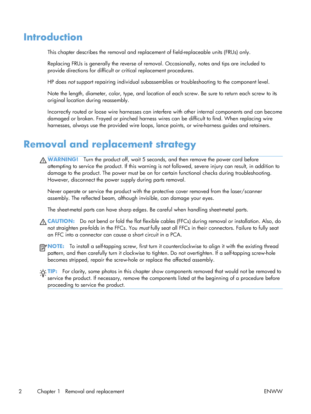 HP 100 CE866A manual Introduction, Removal and replacement strategy 