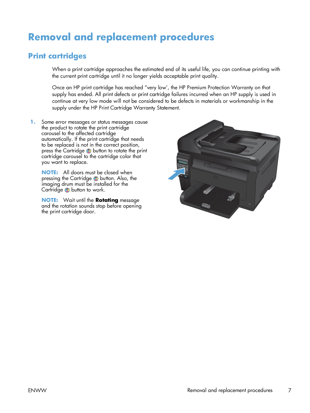 HP 100 CE866A manual Removal and replacement procedures, Print cartridges 