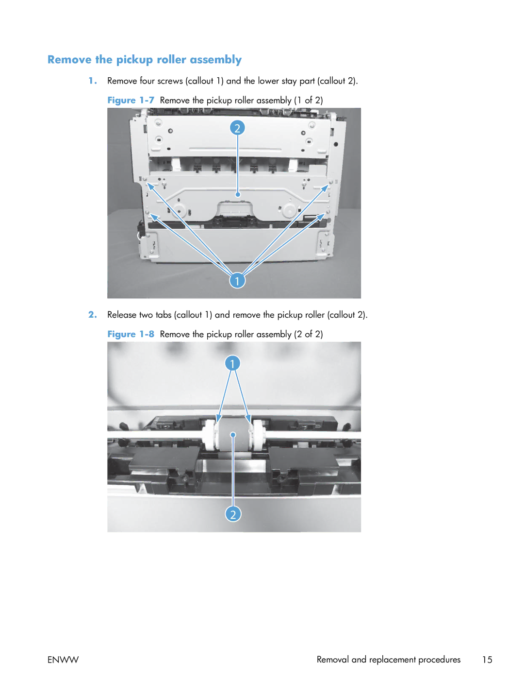 HP 100 CE866A manual Remove the pickup roller assembly 