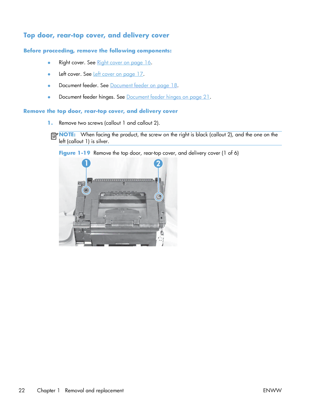 HP 100 CE866A manual Top door, rear-top cover, and delivery cover, Remove the top door, rear-top cover, and delivery cover 