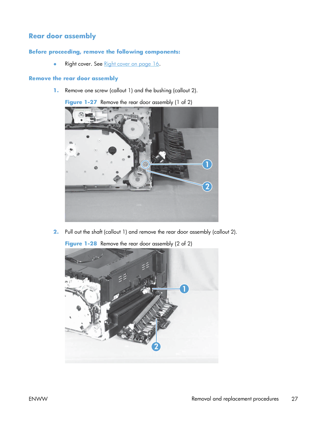 HP 100 CE866A manual Rear door assembly, Remove the rear door assembly 