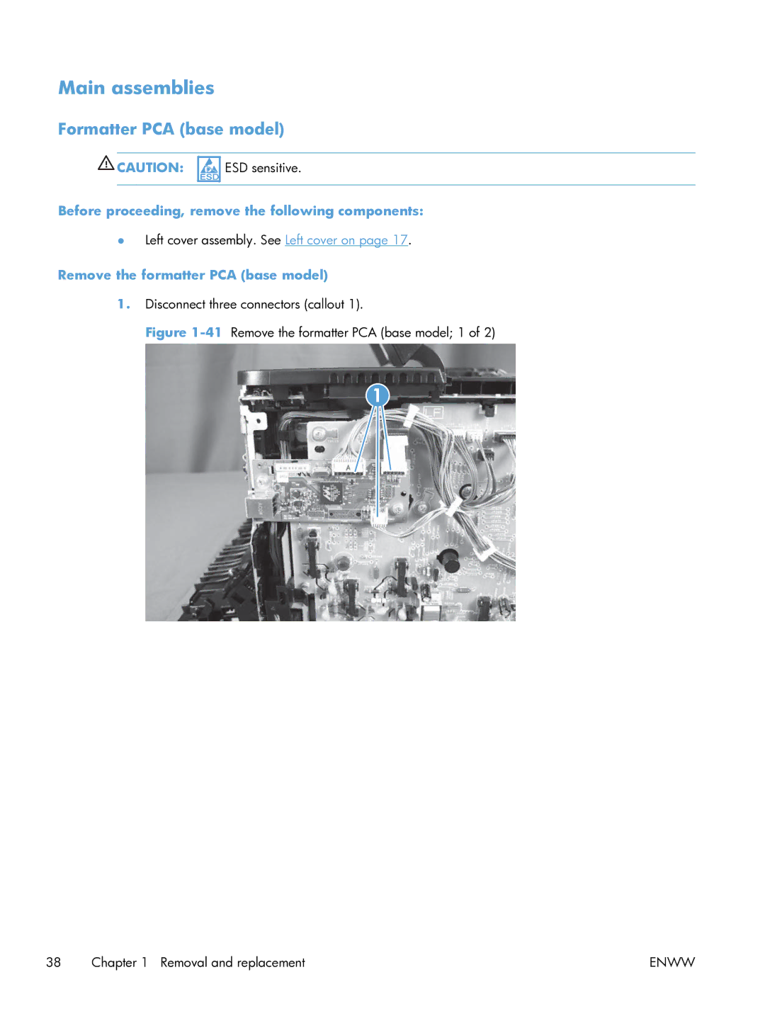 HP 100 CE866A manual Main assemblies, Formatter PCA base model, Remove the formatter PCA base model 