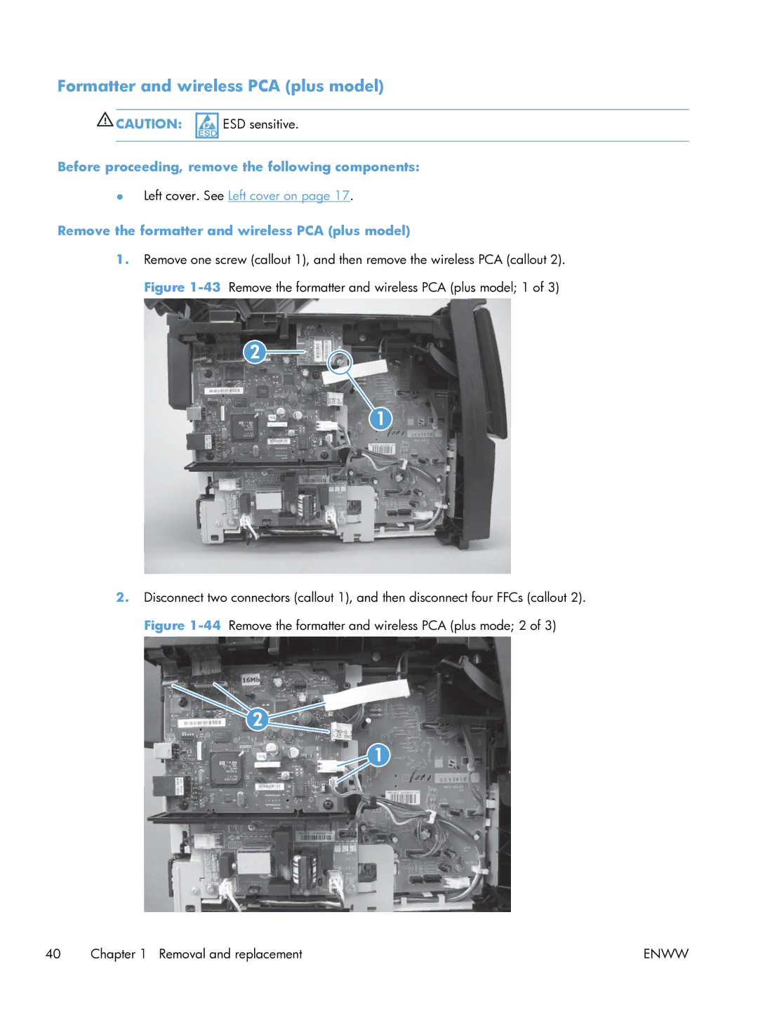 HP 100 CE866A manual Formatter and wireless PCA plus model, Remove the formatter and wireless PCA plus model 