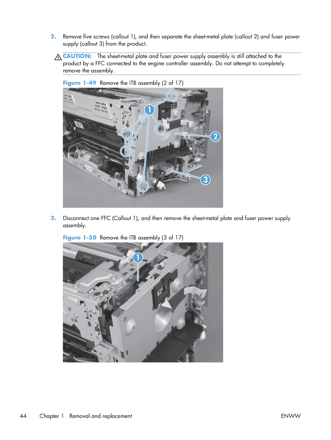 HP 100 CE866A manual 50Remove the ITB assembly 3 Removal and replacement 