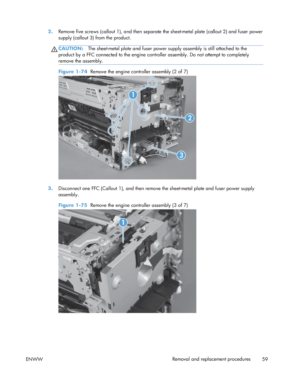 HP 100 CE866A manual 75Remove the engine controller assembly 3 