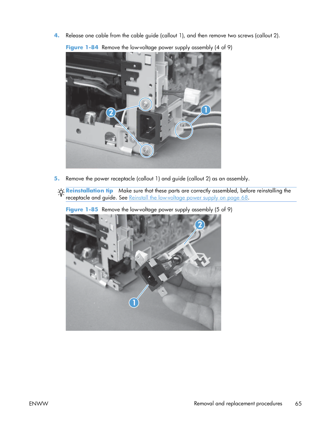 HP 100 CE866A manual 85Remove the low-voltage power supply assembly 5 