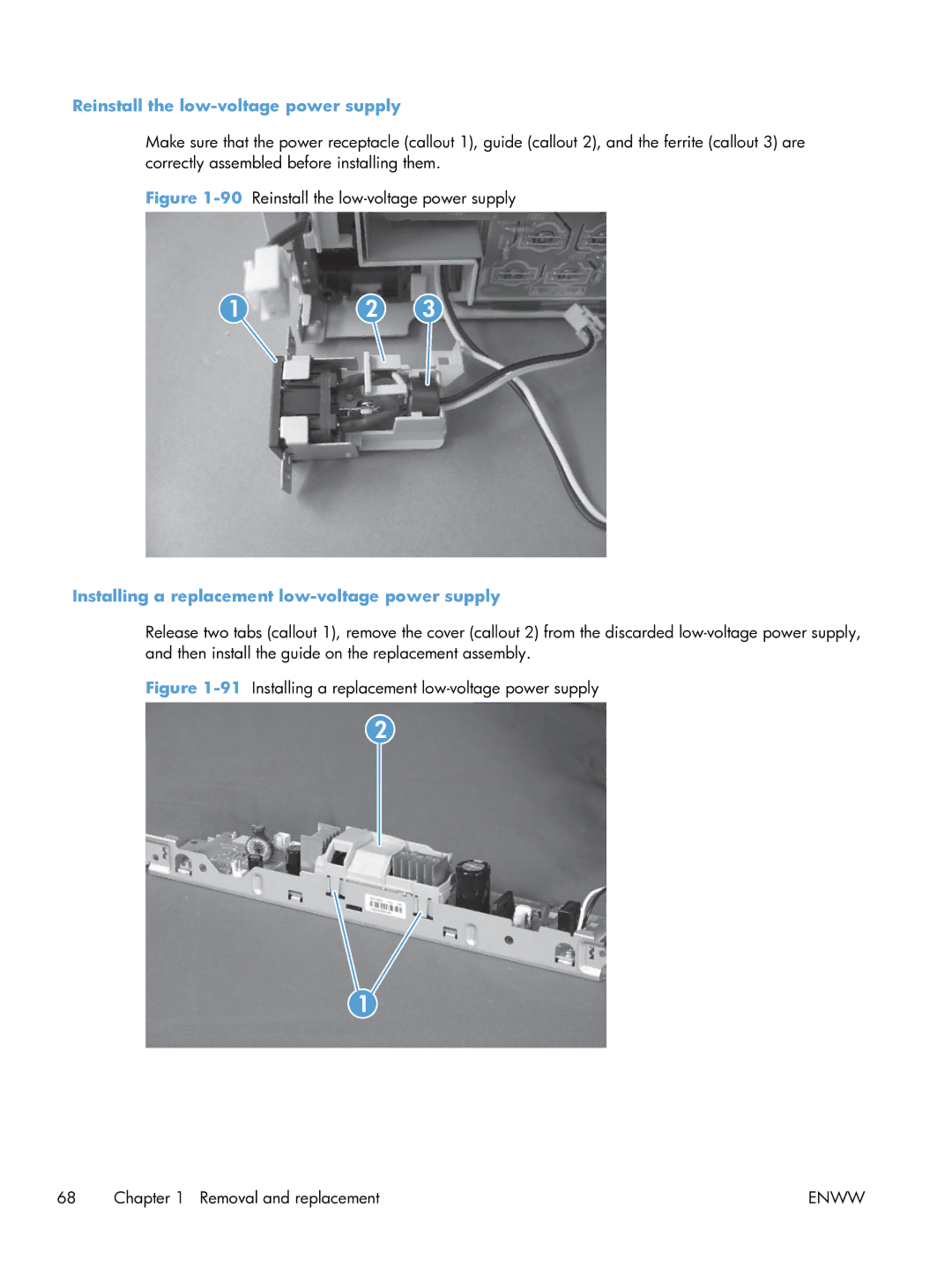 HP 100 CE866A manual Reinstall the low-voltage power supply, Installing a replacement low-voltage power supply 