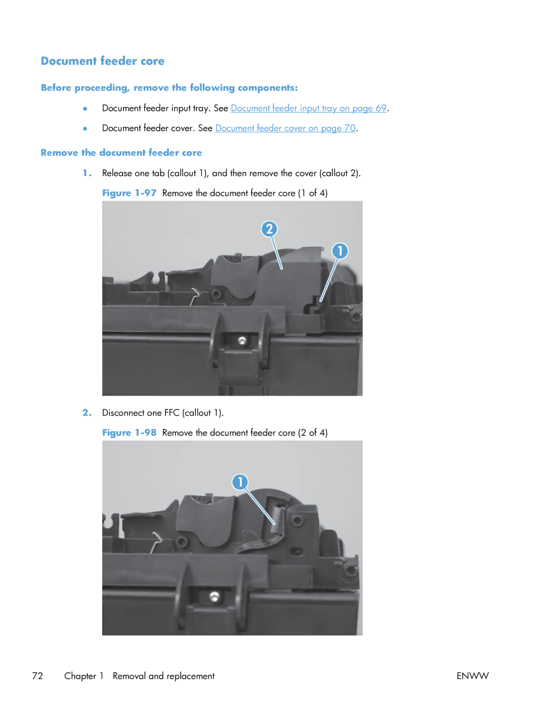 HP 100 CE866A manual Document feeder core, Remove the document feeder core 