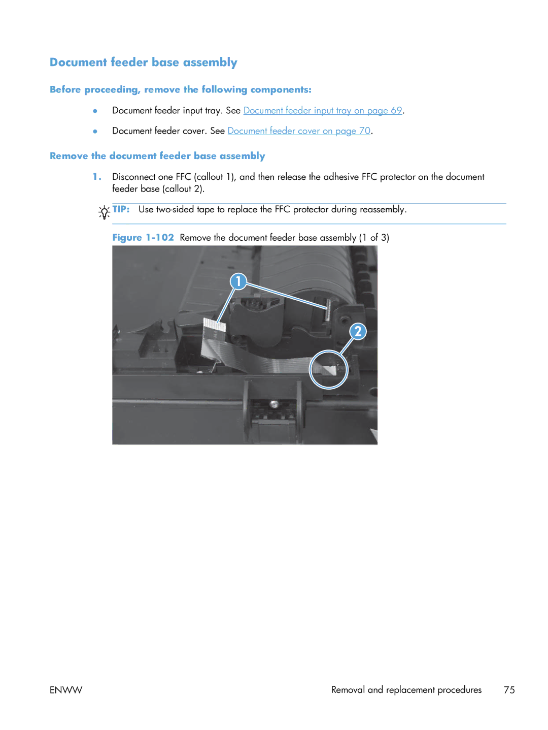 HP 100 CE866A manual Document feeder base assembly, Remove the document feeder base assembly 