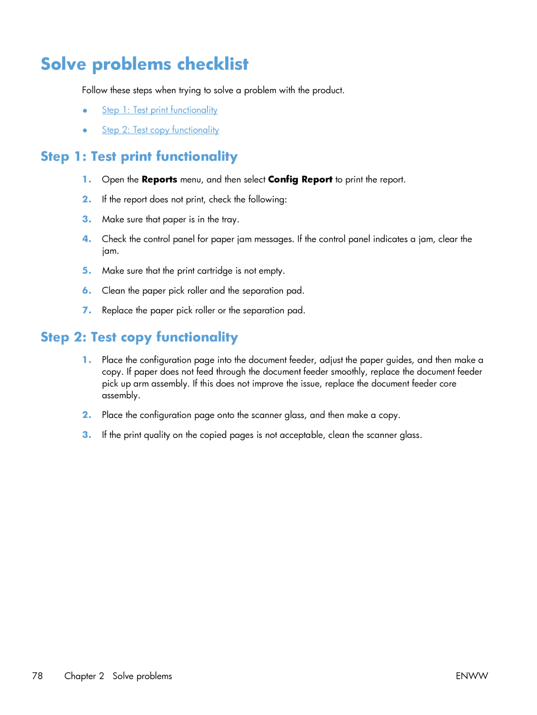 HP 100 CE866A manual Solve problems checklist, Test print functionality, Test copy functionality 