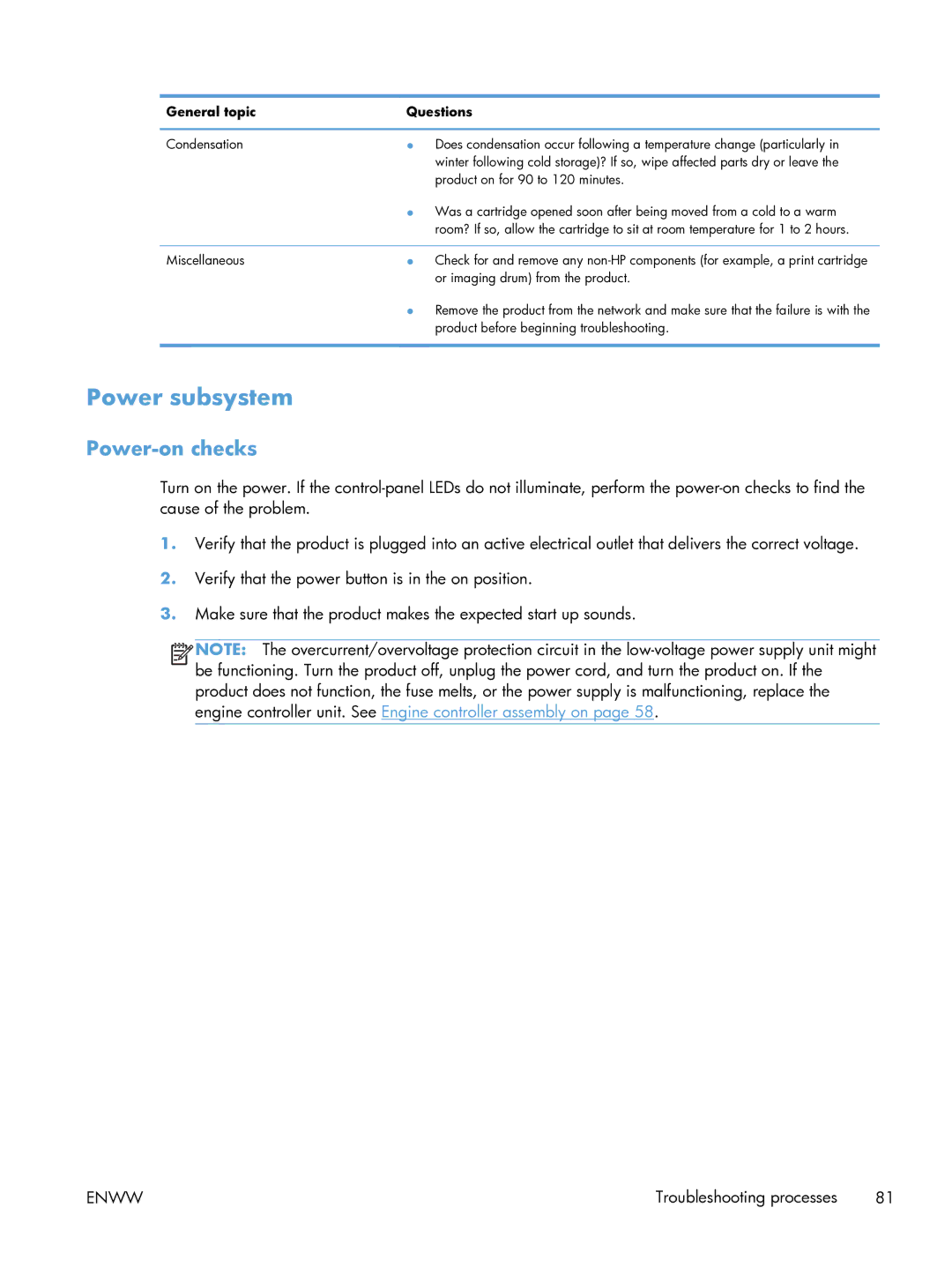 HP 100 CE866A manual Power subsystem, Power-on checks 