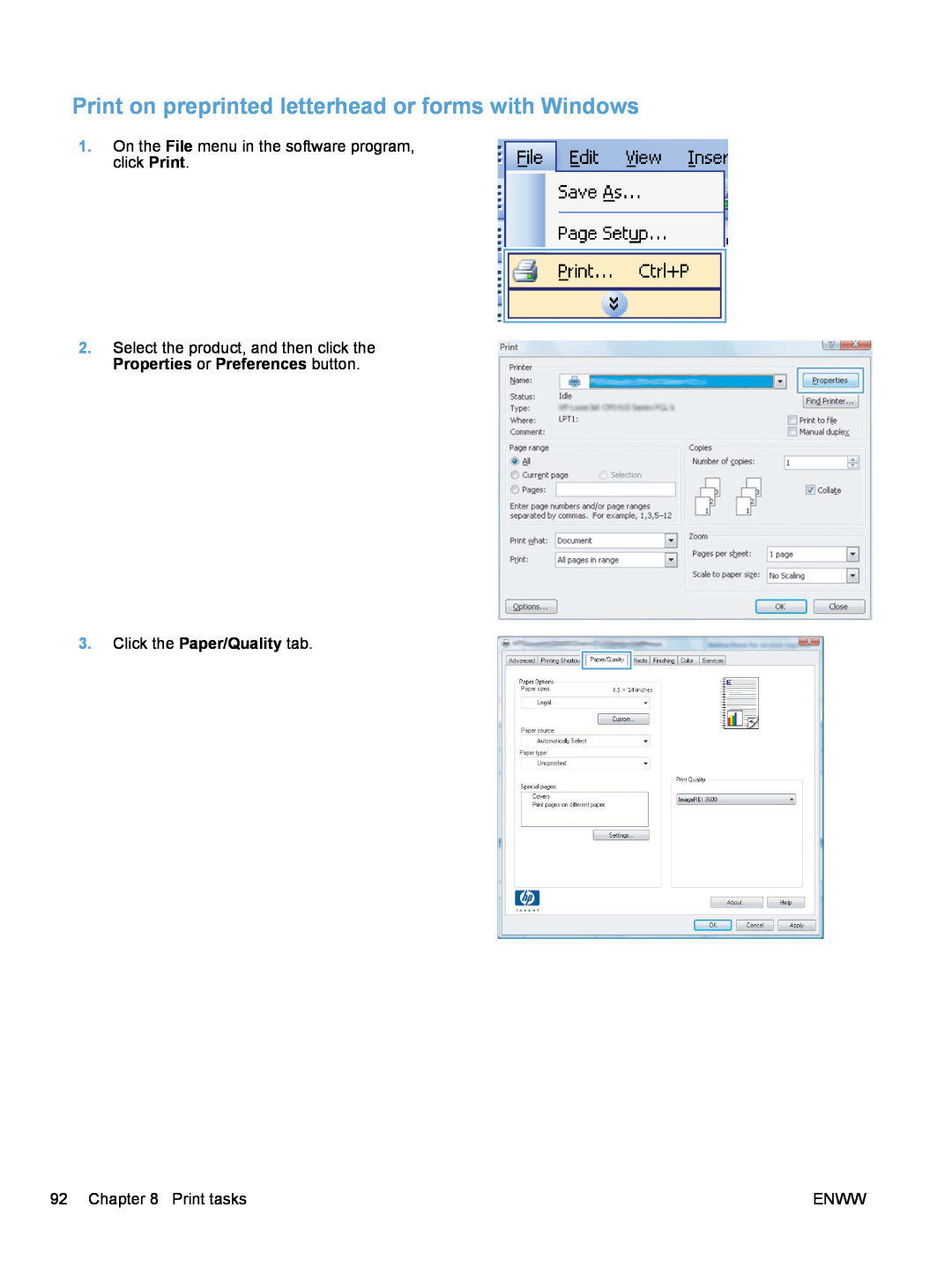 HP 100 COLOR MFP M175 Print on preprinted letterhead or forms with Windows, Click the Paper/Quality tab, Print tasks, Enww 