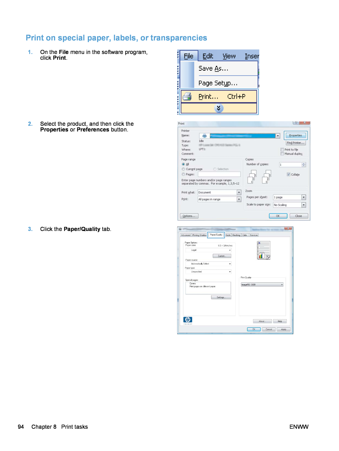 HP 100 COLOR CE866ABGJ Print on special paper, labels, or transparencies, Click the Paper/Quality tab, Print tasks, Enww 