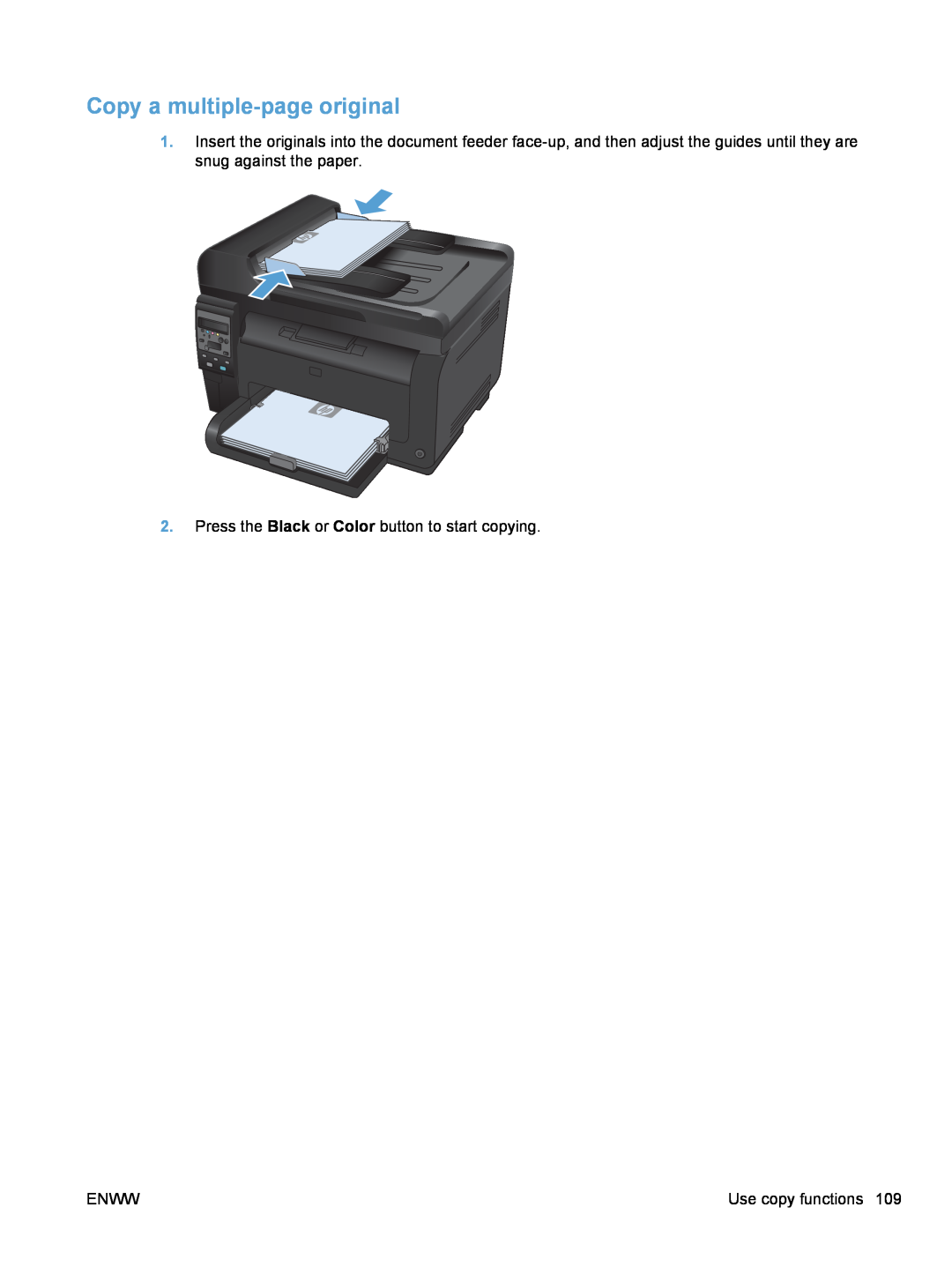 HP 100 COLOR CE866ABGJ manual Copy a multiple-page original, Press the Black or Color button to start copying, Enww 