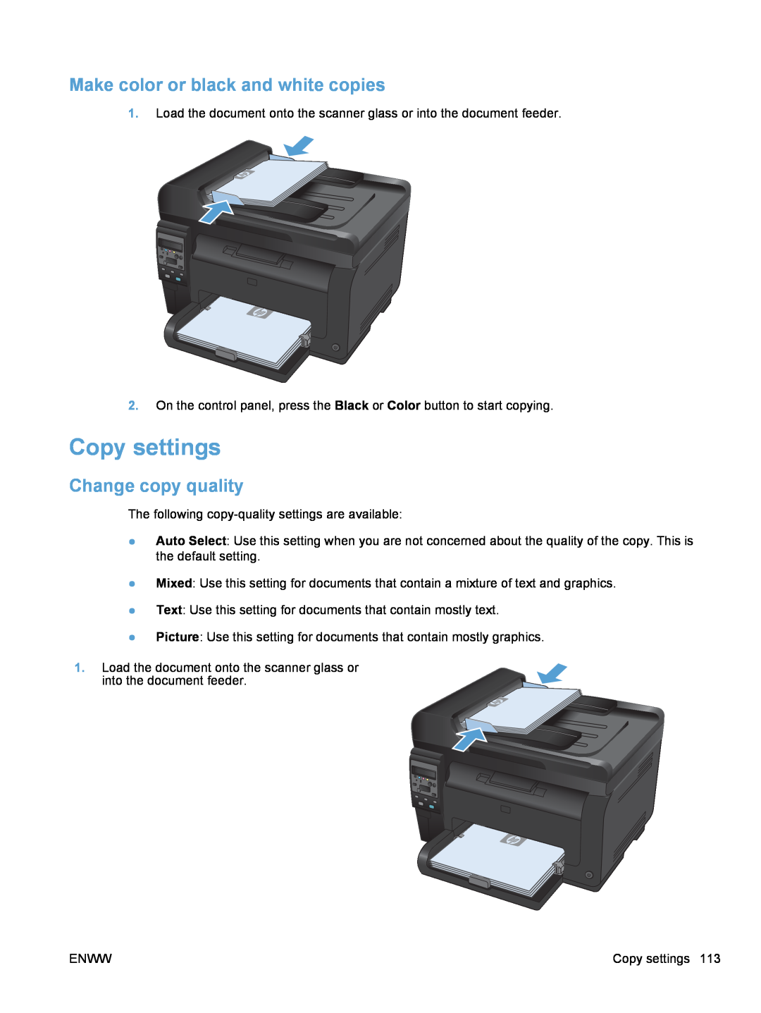 HP 100 COLOR MFP M175, 100 COLOR CE866ABGJ manual Copy settings, Make color or black and white copies, Change copy quality 