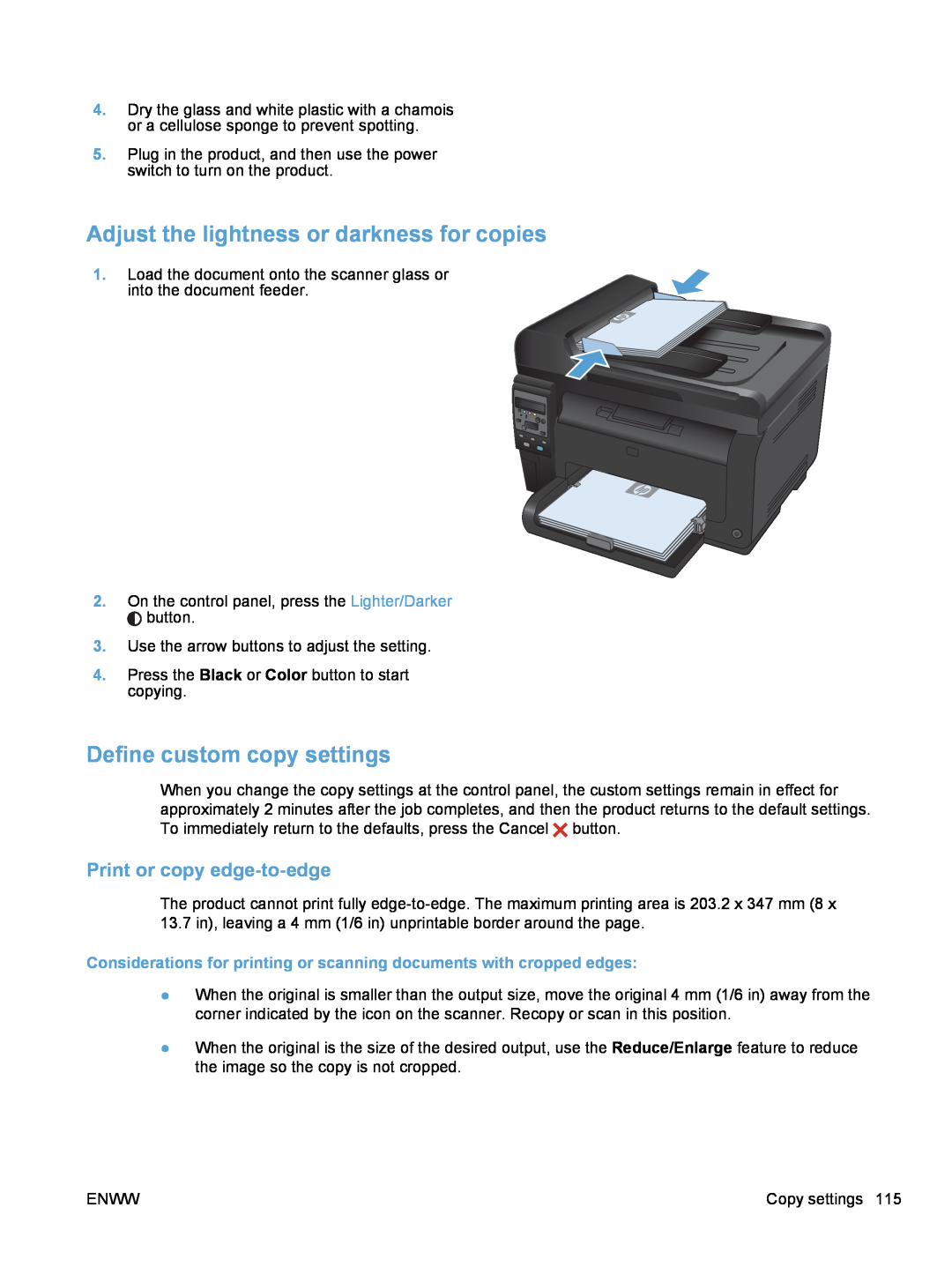 HP 100 COLOR CE866ABGJ, 100 COLOR MFP M175 manual Adjust the lightness or darkness for copies, Define custom copy settings 