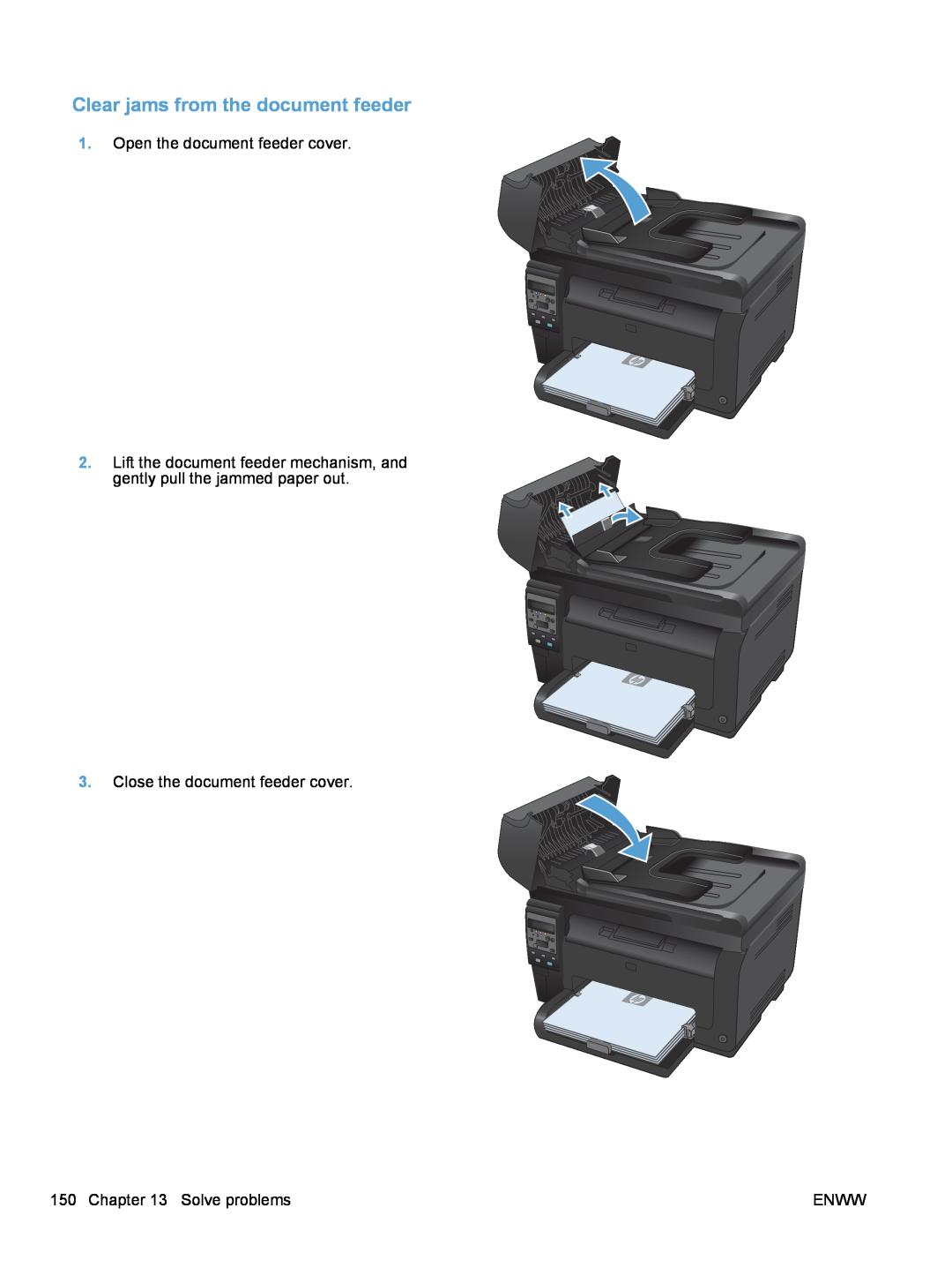 HP 100 CE866ARBGJ Clear jams from the document feeder, Open the document feeder cover, Close the document feeder cover 