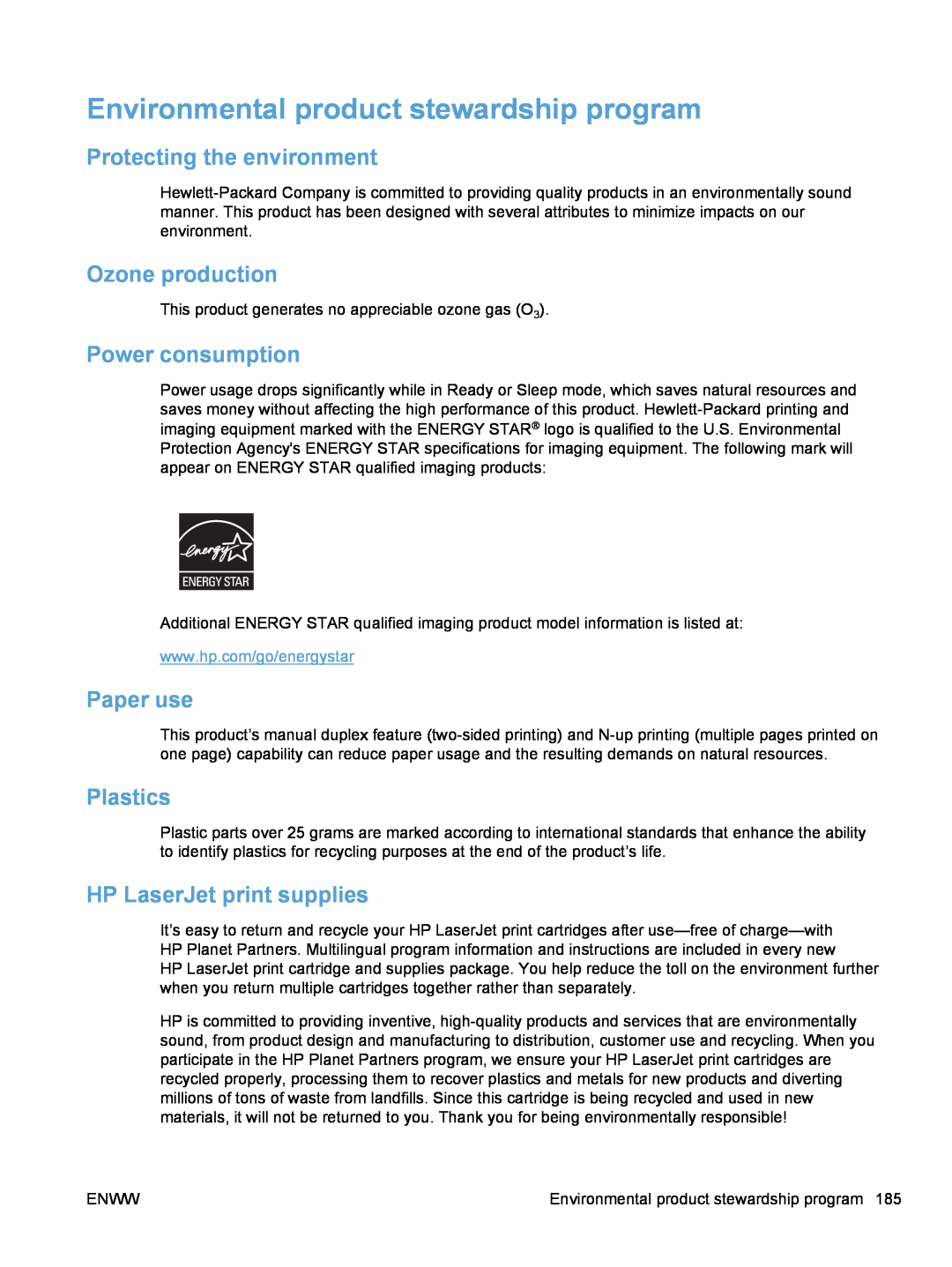 HP 100 COLOR MFP M175 Environmental product stewardship program, Protecting the environment, Ozone production, Paper use 
