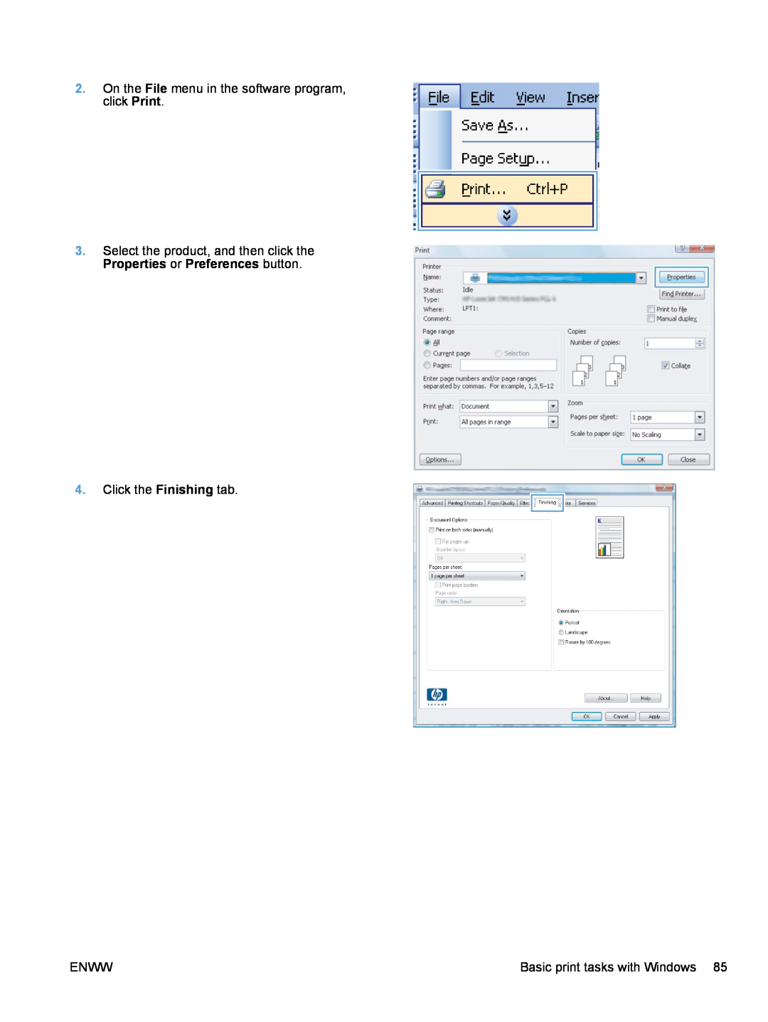 HP 100 COLOR CE866ABGJ manual On the File menu in the software program, click Print, Click the Finishing tab, Enww 