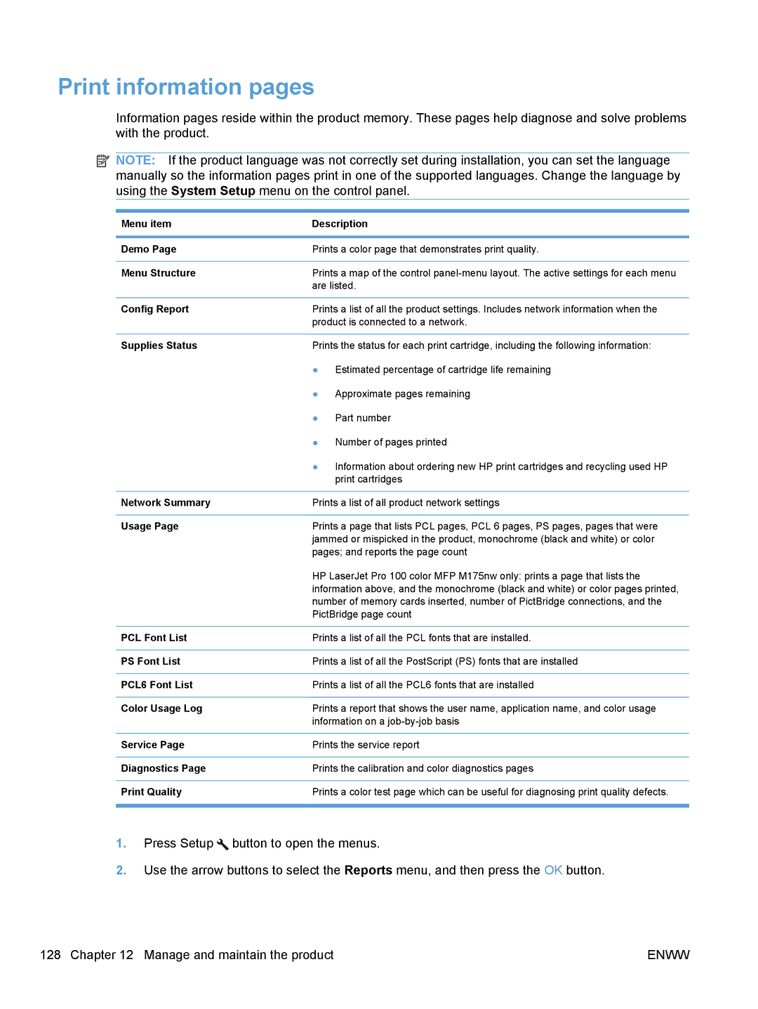 HP 100 color MFP M175a, 100 color MFP M175nw Print information pages, Menu item Description Demo, Network Summary, Usage 