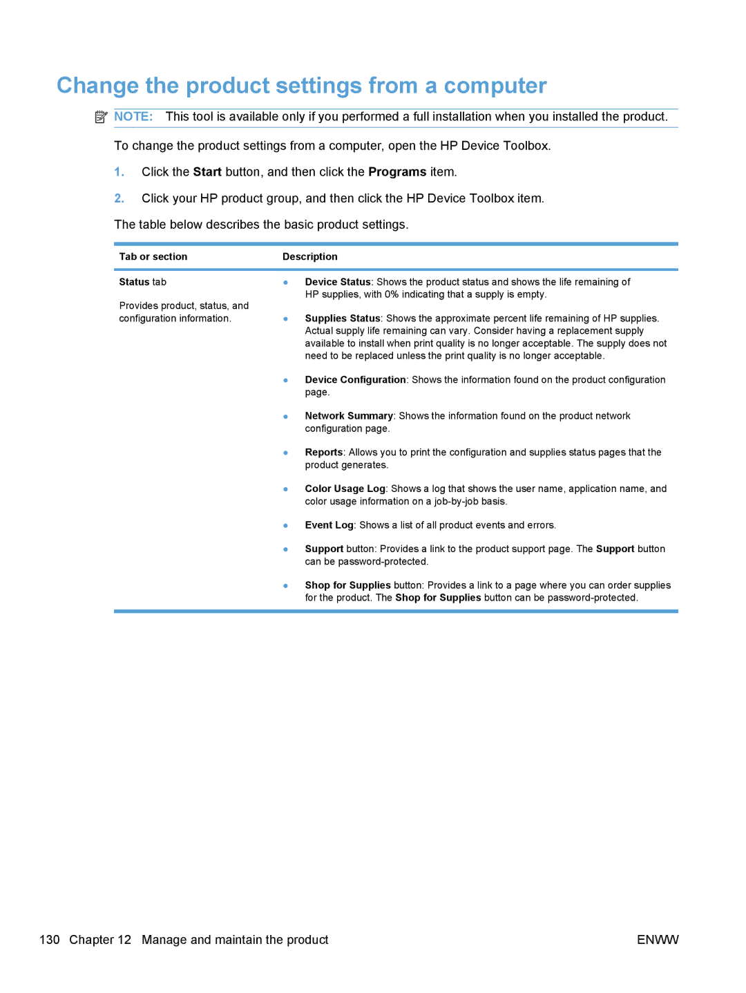 HP 100 color MFP M175a manual Change the product settings from a computer, Tab or section Description Status tab 