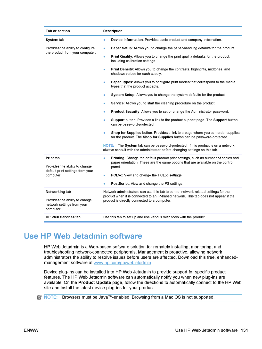 HP 100 color MFP M175nw Use HP Web Jetadmin software, Tab or section Description System tab, Print tab, Networking tab 