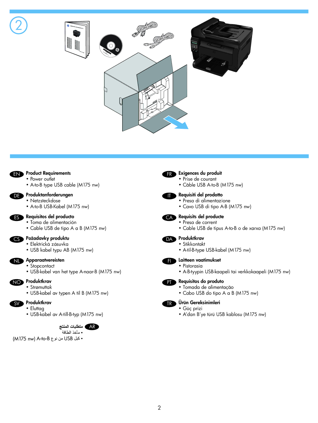 HP 100 color MFP M175nw manual Product Requirements, Power outlet, To-B type USB cable M175 nw, Produktanforderungen 