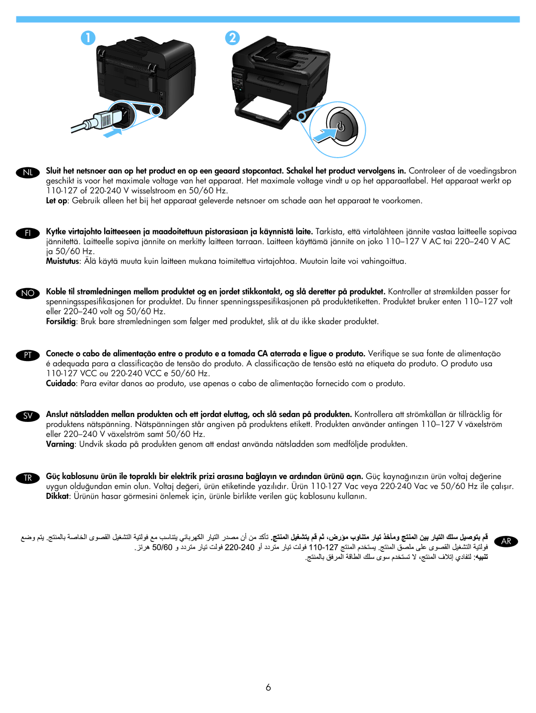 HP 100 color MFP M175nw, 100 color MFP M175a manual V wisselstroom en 50/60 Hz, Ja 50/60 Hz, Eller 220-240 volt og 50/60 Hz 