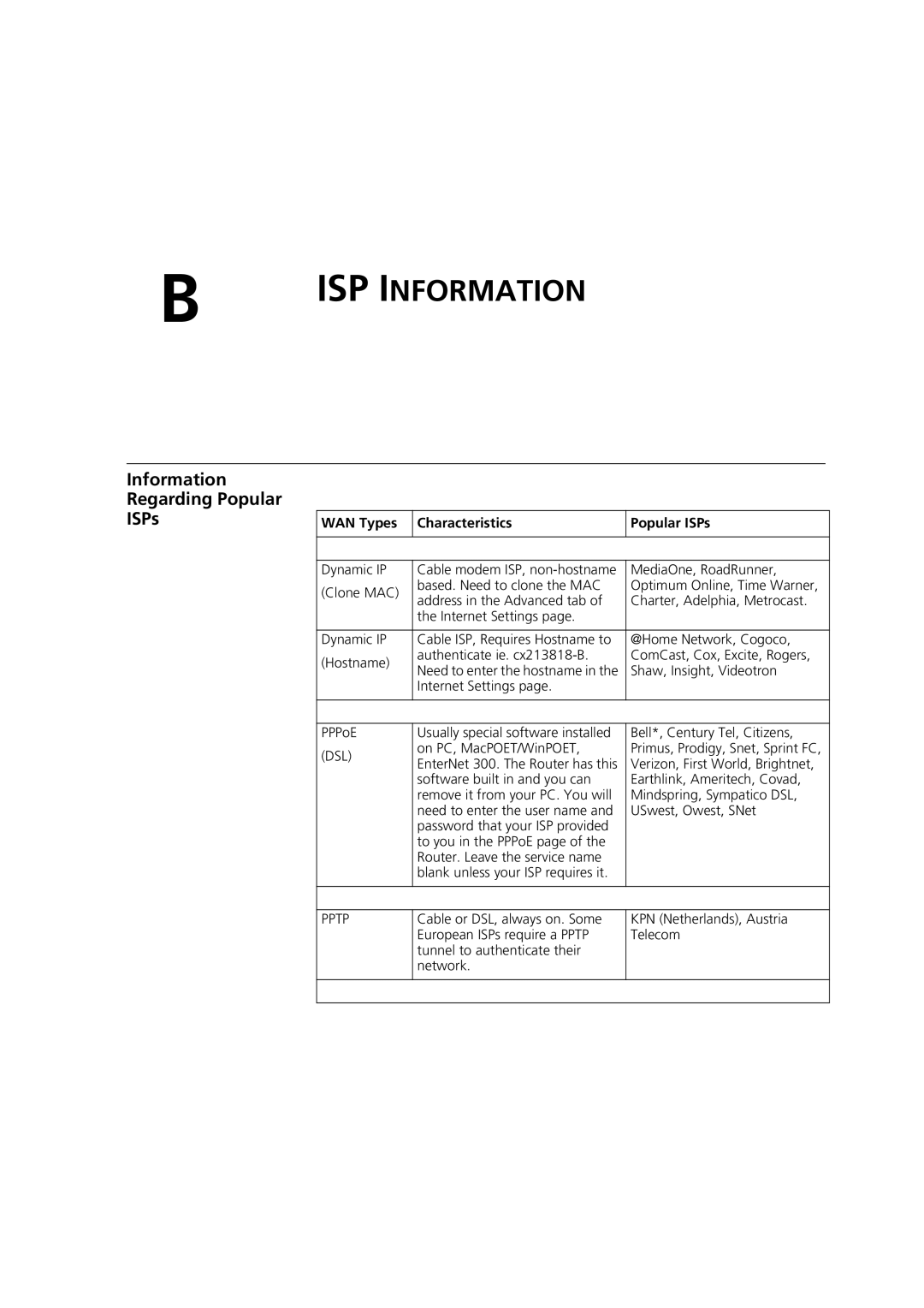 HP 100 Router manual ISP Information, Information Regarding Popular ISPs 