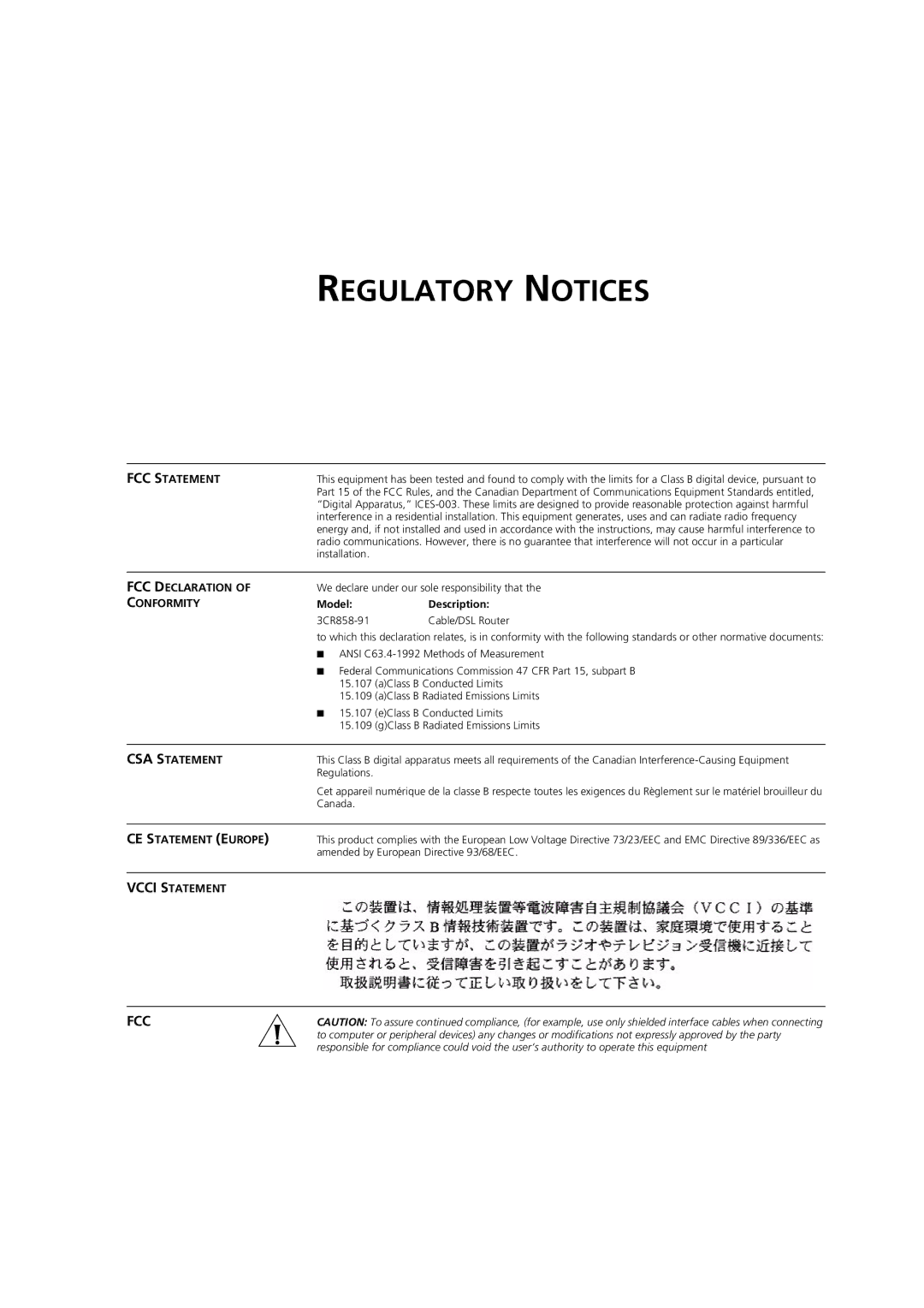 HP 100 Router manual Regulatory Notices 