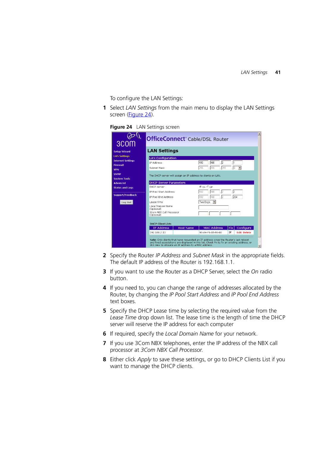 HP 100 Router manual LAN Settings screen 