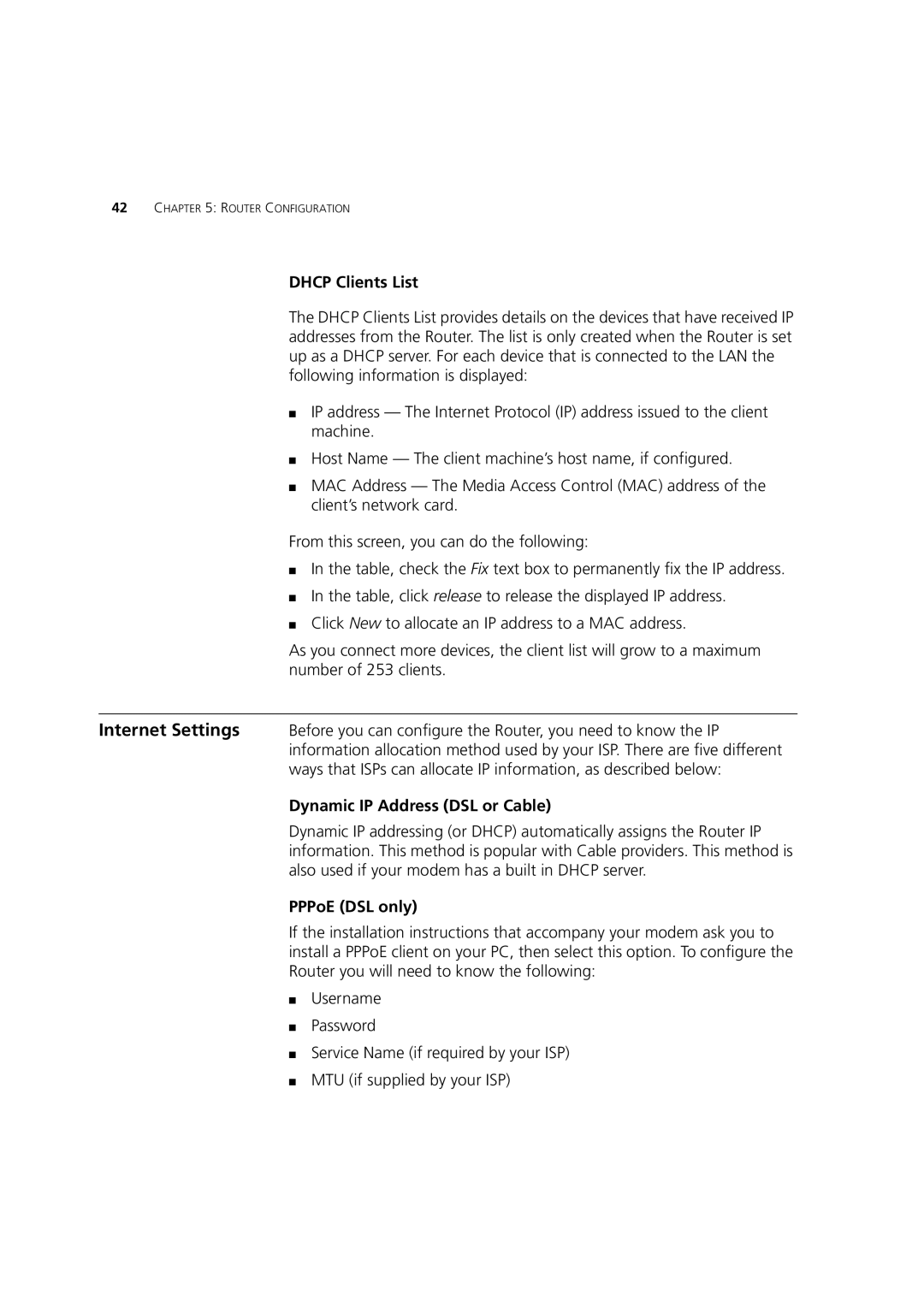 HP 100 Router manual Dhcp Clients List, Dynamic IP Address DSL or Cable, PPPoE DSL only 