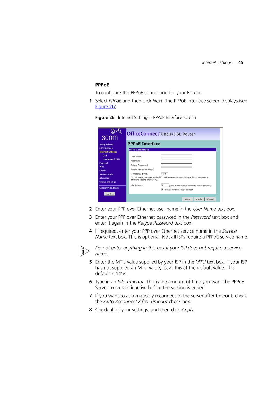 HP 100 Router manual Internet Settings PPPoE Interface Screen 