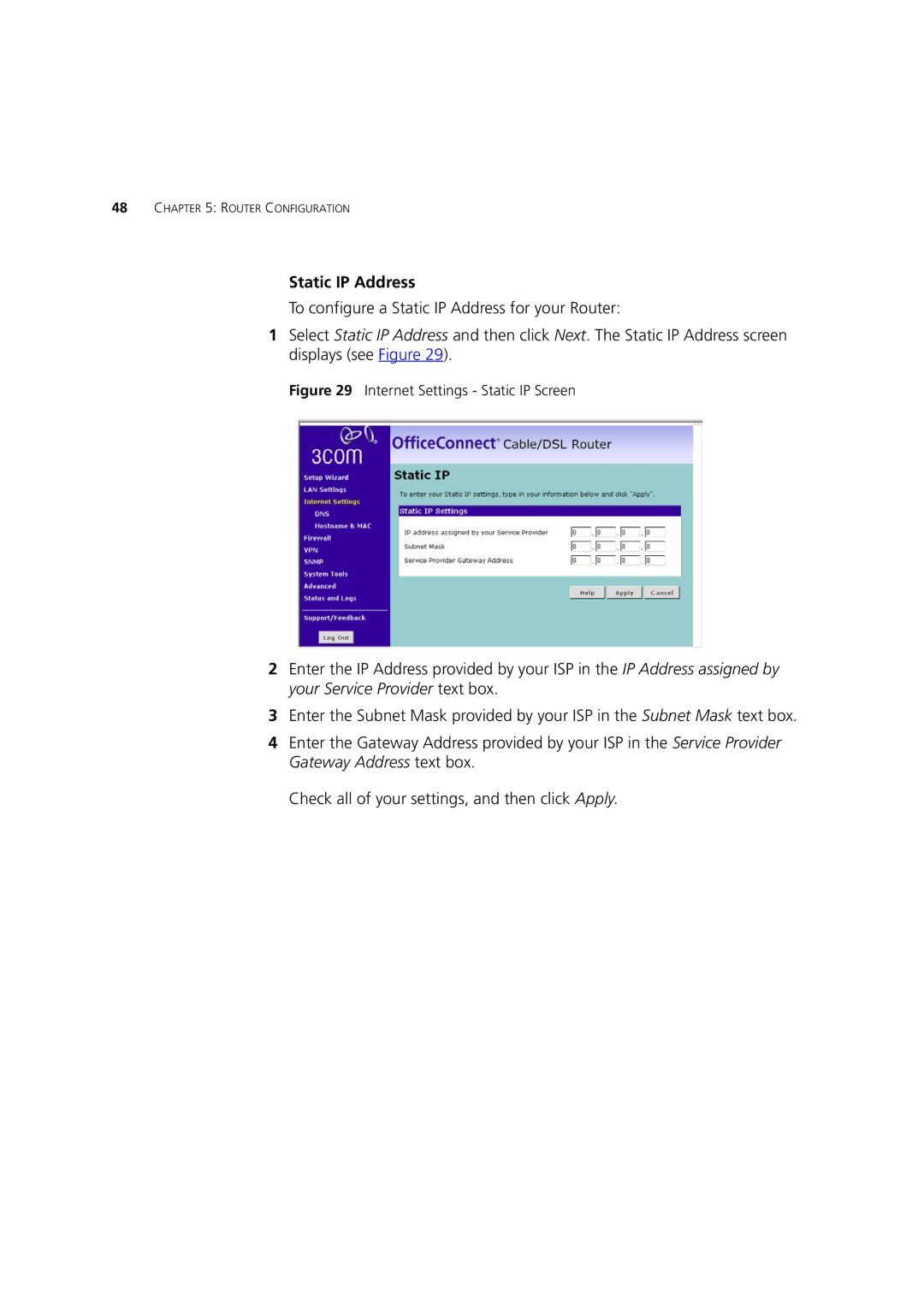 HP 100 Router manual Static IP Address, Internet Settings Static IP Screen 