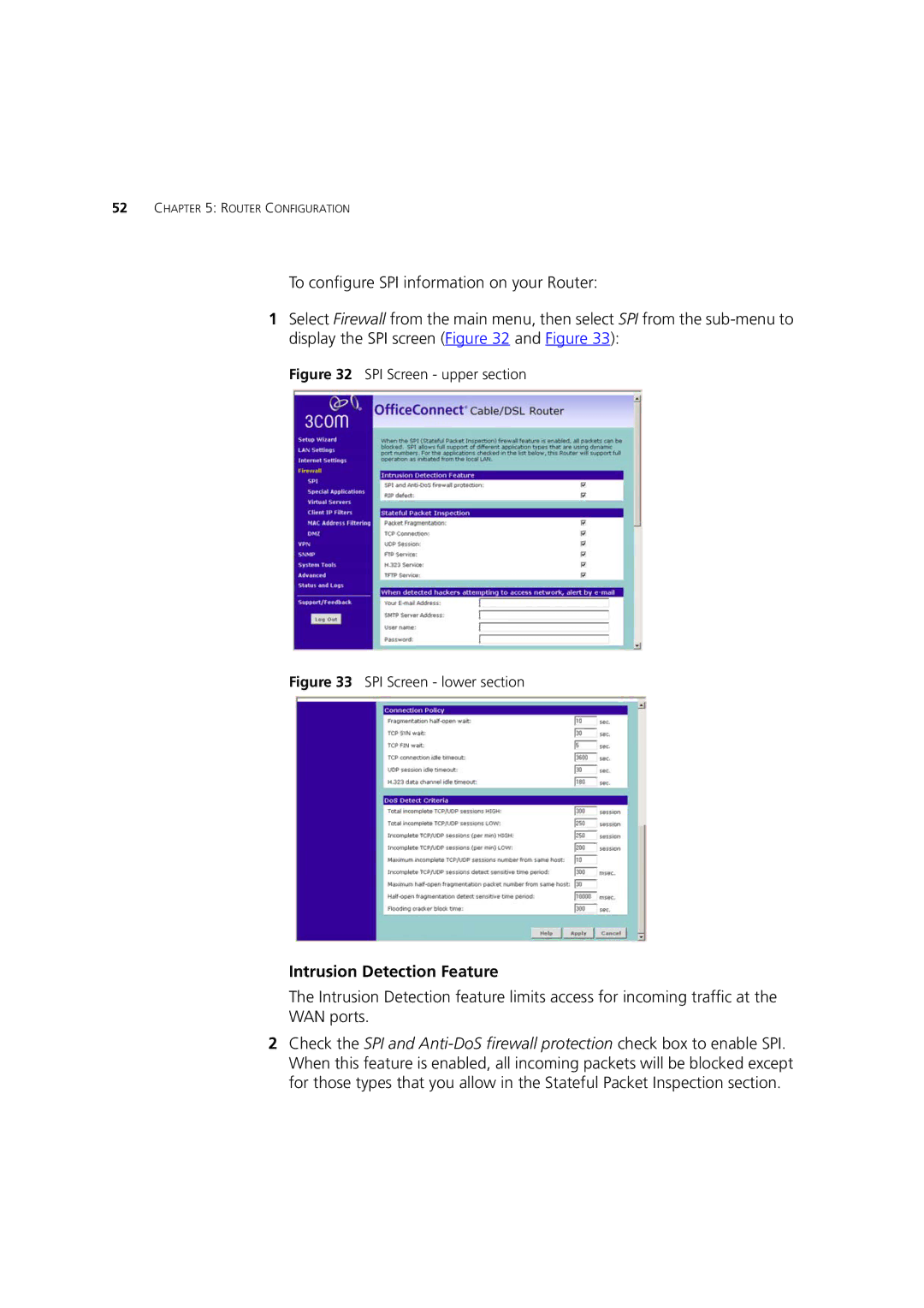 HP 100 Router manual Intrusion Detection Feature, SPI Screen upper section 