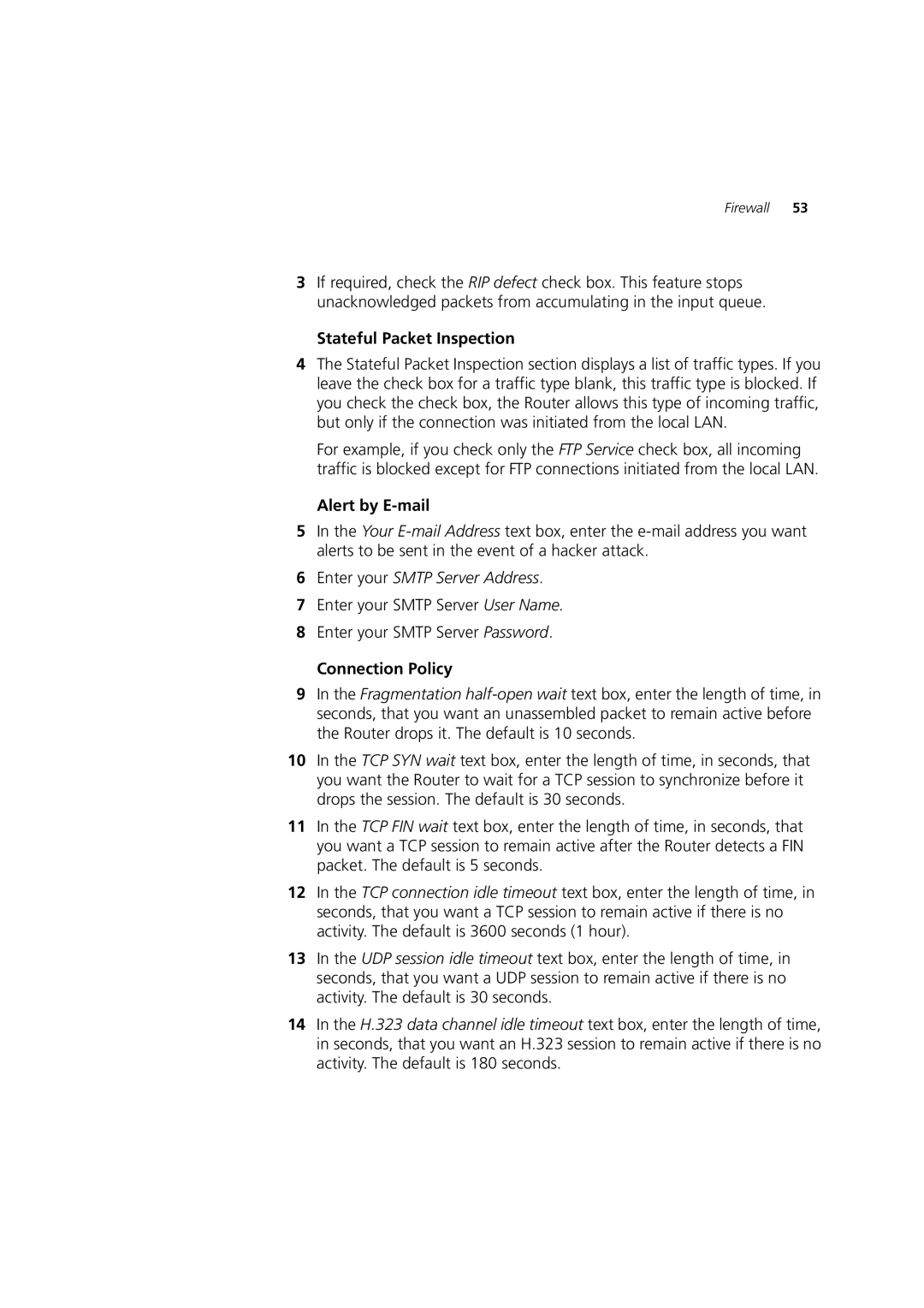 HP 100 Router manual Stateful Packet Inspection, Alert by E-mail, Connection Policy 