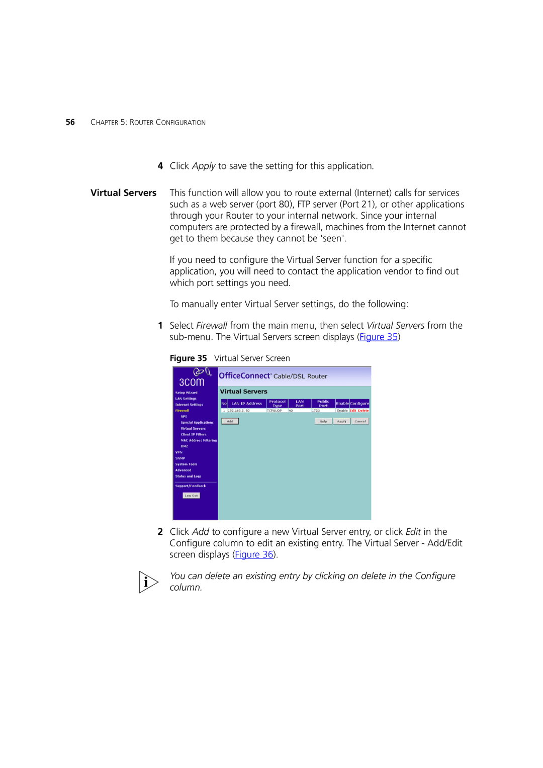 HP 100 Router manual Virtual Server Screen 