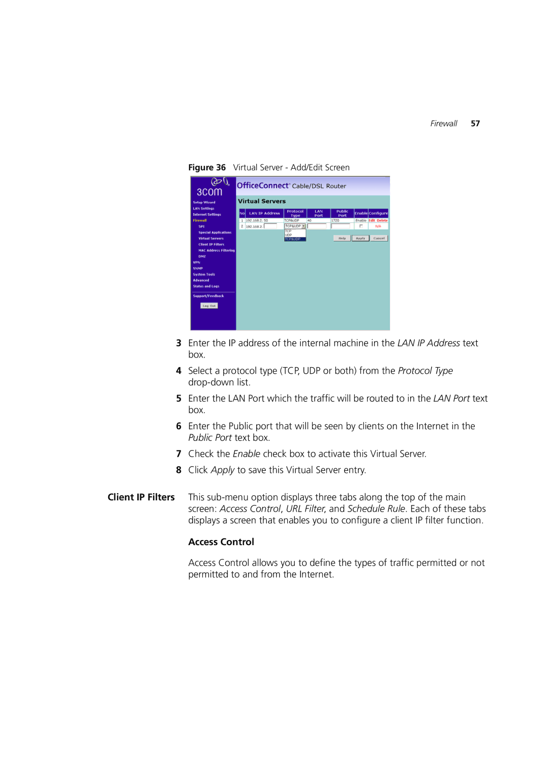 HP 100 Router manual Access Control, Virtual Server Add/Edit Screen 