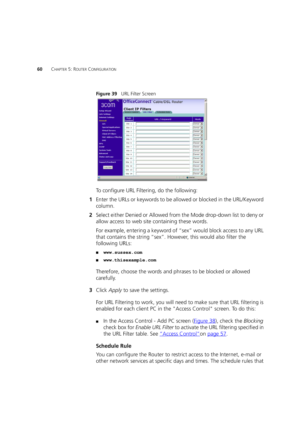 HP 100 Router manual Schedule Rule, URL Filter Screen 