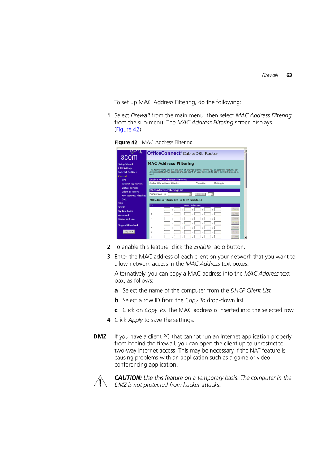 HP 100 Router manual MAC Address Filtering 